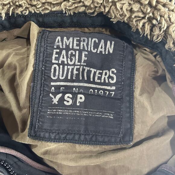 Vintage y2k Men's Black American Eagle Military Faux Fur Hoodie Sweatshirt Sz S - Picture 3 of 12